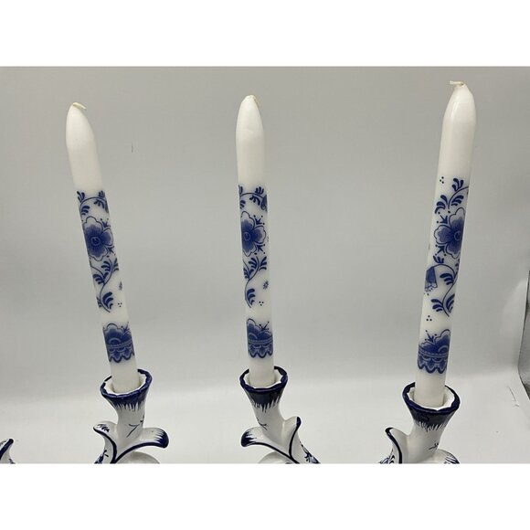 Blue and White Porcelain Double Candlestick, Set of 2, Made in Portugal w/Tapers - Picture 11 of 16